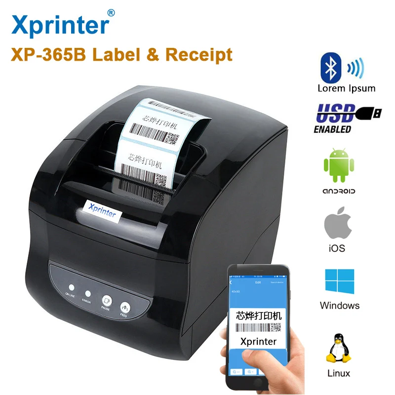 Impressora Térmica de Etiquetas Xprinter365 Impressora de Código de Barras com Bluetooth e Suporte Térmico de 80 mm para Recibos e Papel Adesivo Impressoras