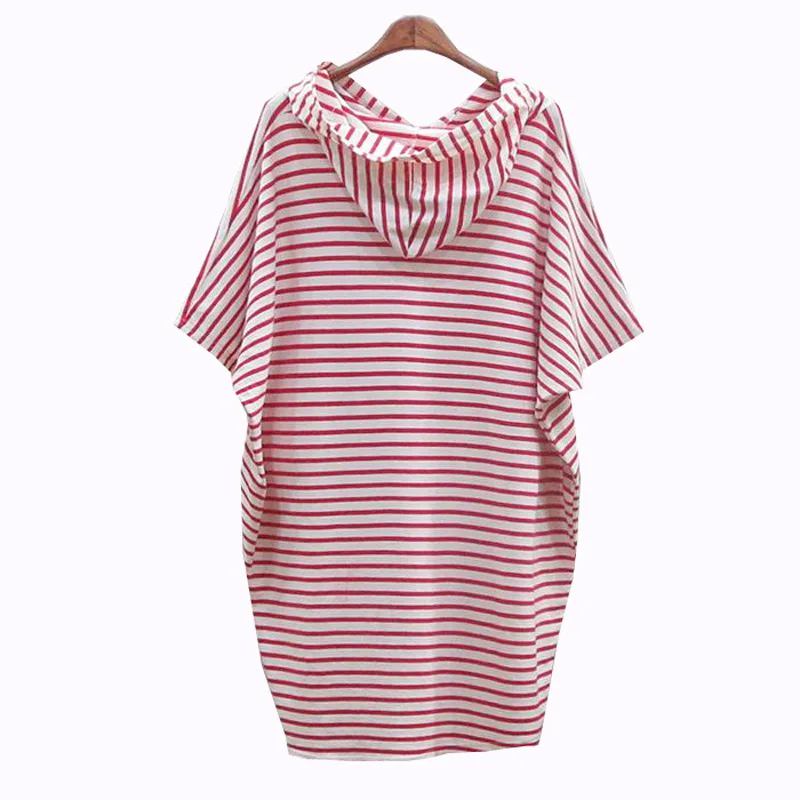 

2021 Korean Version of Sweet Student Plus Size Casual Short-sleeved Loose and Thin Striped Hooded Bat-sleeve Mid-length Dress