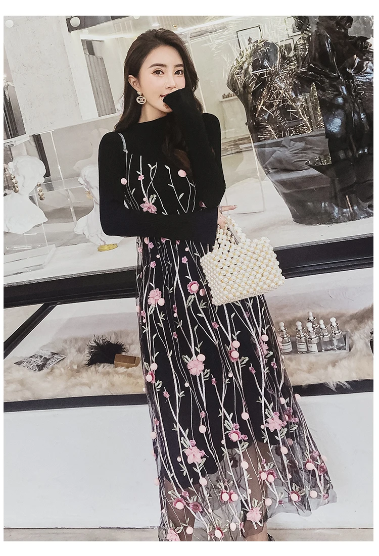 Knitted Dress 2 Piece Set Autumn New Solid Black Sweater Dress and Hairball Appliques Floral embroidery Mesh Sling Dress Sets