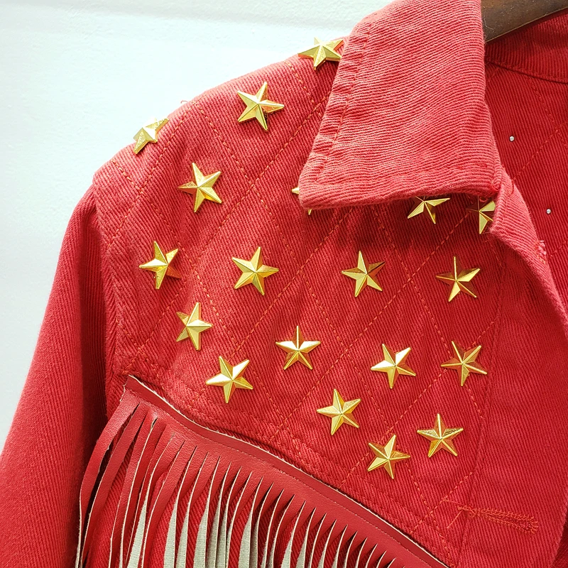 

Denim Women Jacket 2020 Autumn Vintage Star Rivet Suede Fringe tassel Loose denim Coat Long Sleeve Outerwear Female Boho Jacket