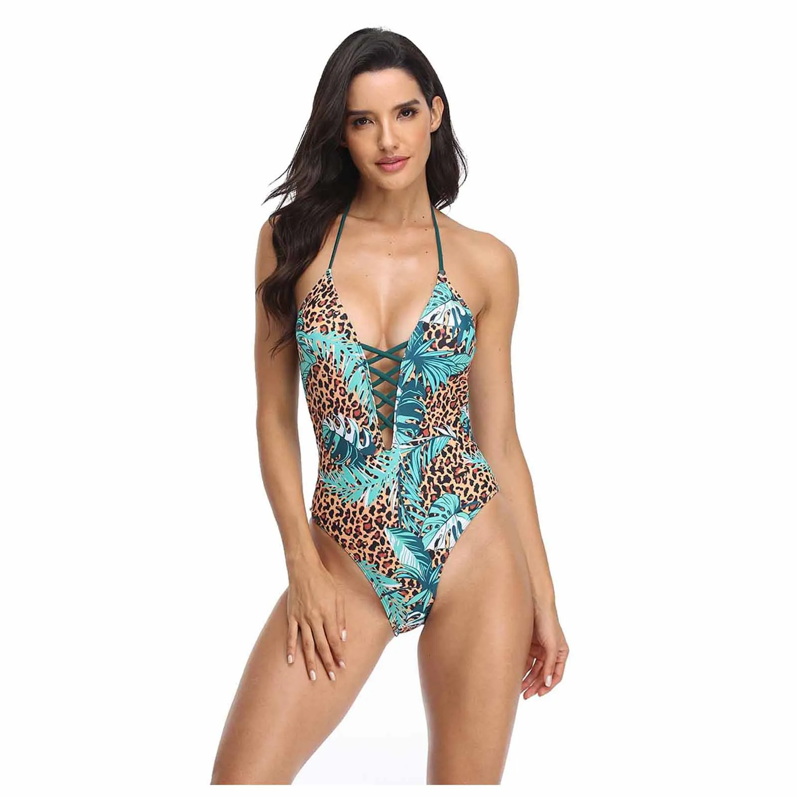 

With One Color Piece Bikini Print Swimsuit Women's Swimwears Tankinis Set