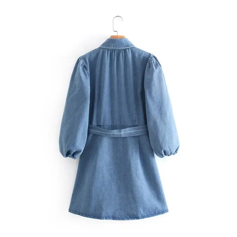 

ZA Summer Women Denim Dress With Blet 2021 Puff Sleeve Turn Down Collar Dresses Lady Party Vestido Elegant Girl Causal Outfits