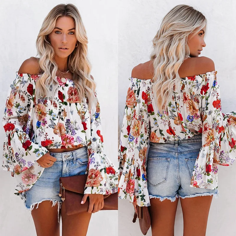 

Off Shoulder Floral Printed Women Tops Fashion Slap Neck Long Sheelves Tops Blouse Female Elegant Boho Beach Tops
