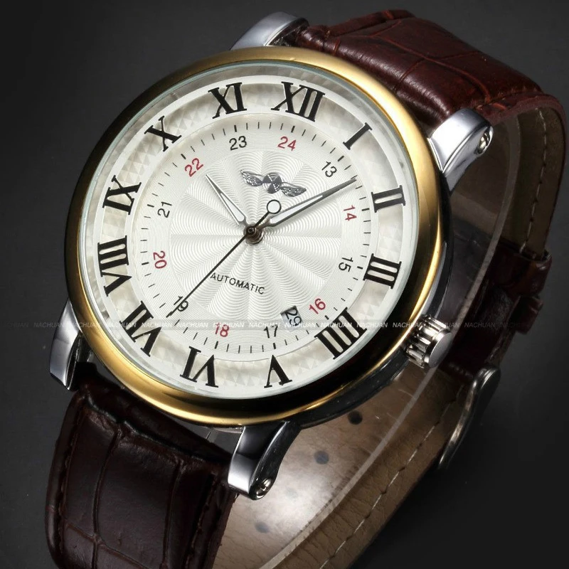 Relógio de Topo Roma Número Moda Casual Masculino Retro Marca Ouro Esportes Espontânea Liquidação Automático Calendário Mecânico Relógio Couro
