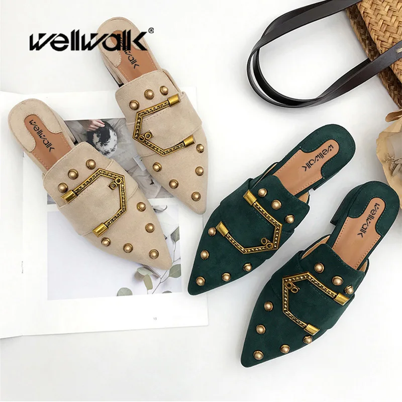 Wellwalk брендовая обувь женские туфли тапочки 2020 Мулы с острым носком пряжкой