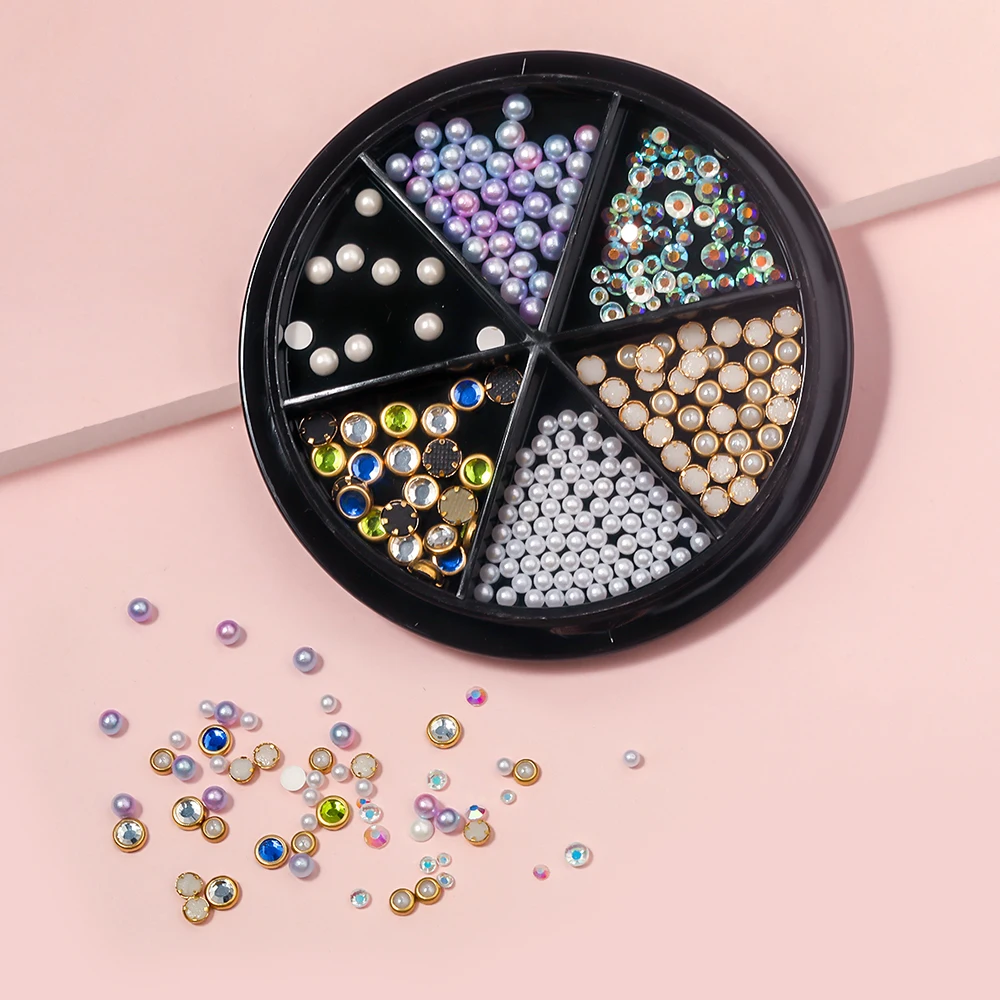 

6 Grid Black Box Disc Gradient Pearl Golden Bordered Pearl Flat Back Semicircular Pearl Acrylic DIY Nail Art Accessories Hot Sal