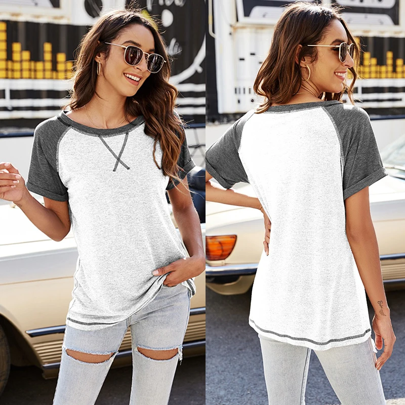 

Raglan Short Sleeve Round Neck T Shirts For Women Casual Summer Shirt 2021 Fashion Patchwork Top Simple Fitted Shirt Streetwear
