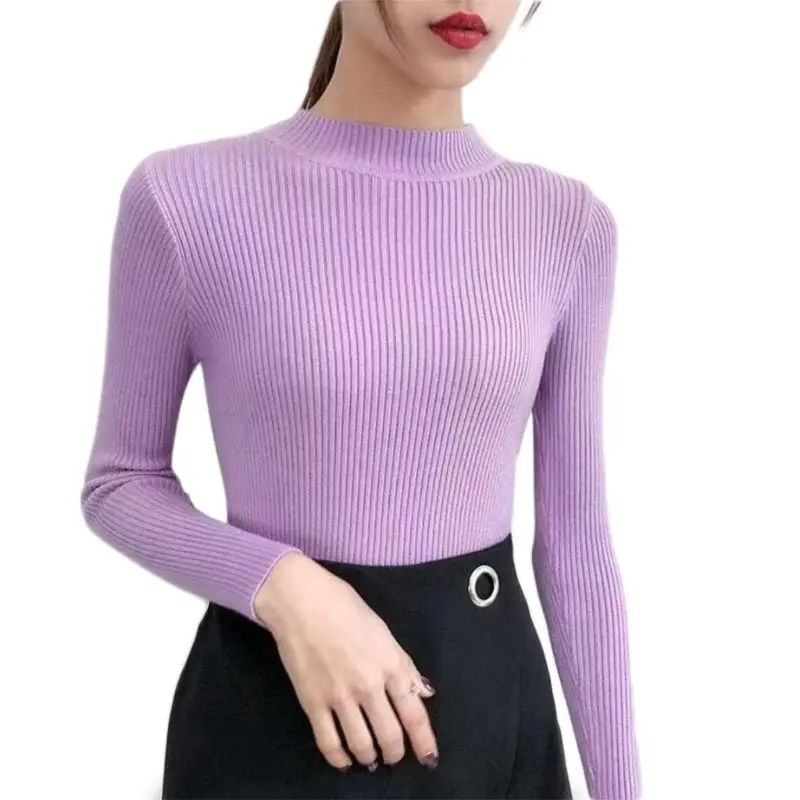 

Women Ribbed Knit Sweater Half High Neck Candy Color Slim Pullover Jumper Tops