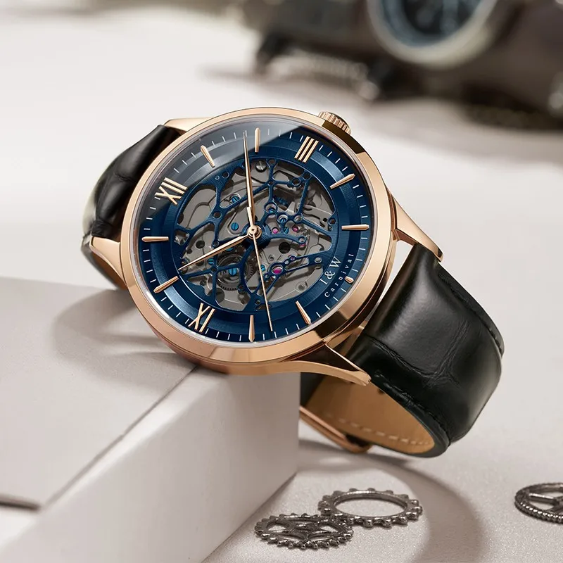 Фото Blue Skeleton Watch for Men Luxury Brand I&W Rose Gold Case Automatic Watch Sapphire Leather Strap Men Mechanical Wristwatches №2