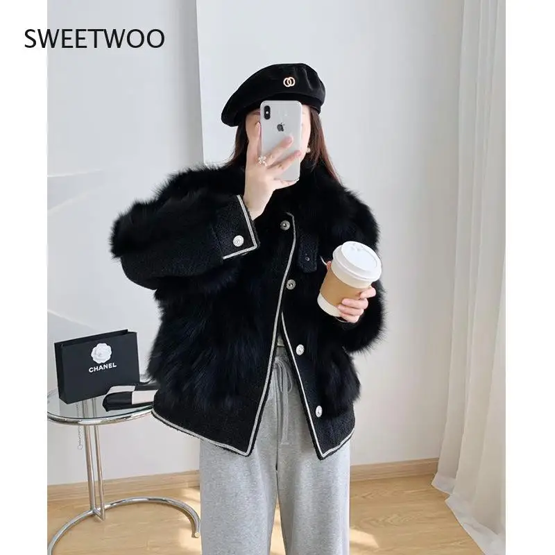 Light luxury lady blouse autumn and winter imitation fur2022 new young heavy industry small fragrance splicing woolen coat women