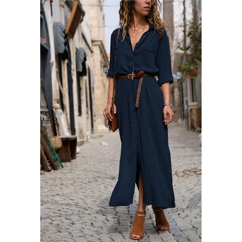 

Women Autumn Long Sleeve Maxi Blouse Shirt Dress Button Down Lapel Collar Solid Color Sexy Side Split Flowy Hem Loose Lady BX0A