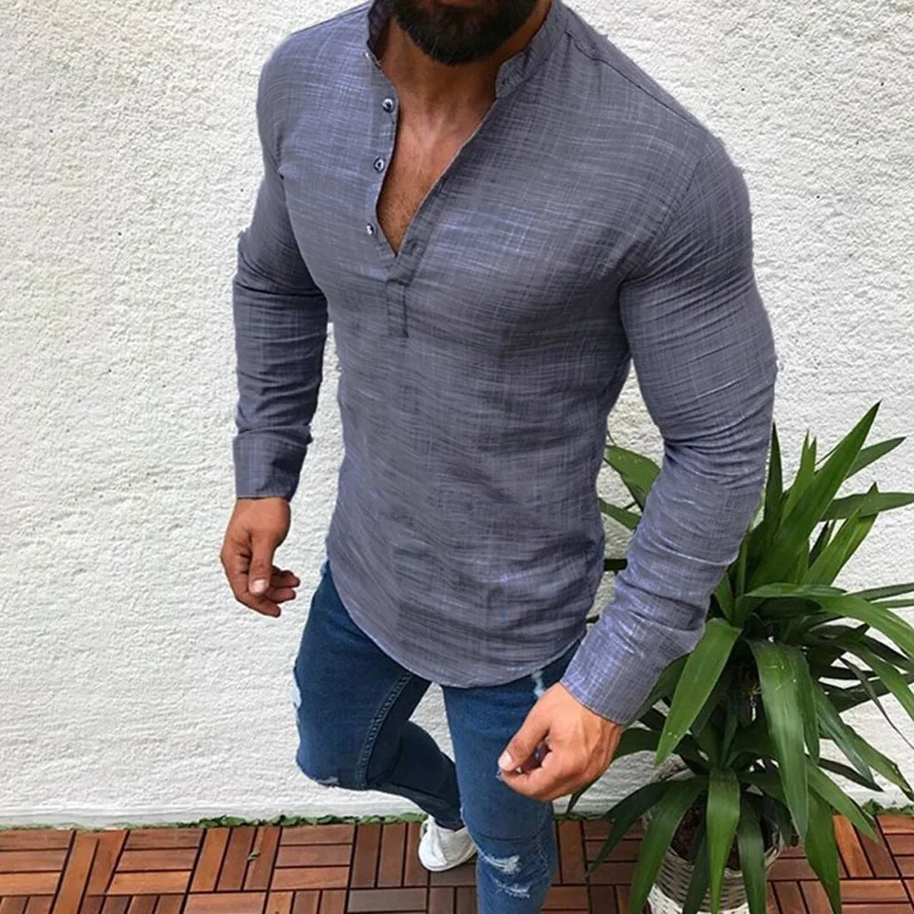 Рубашка мужская из хлопка и льна с длинным рукавом V-образным вырезом пуговицами |