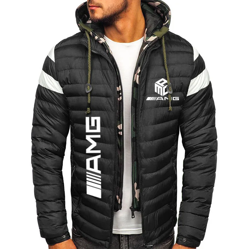 

2021 Winter AMG car logo print Casual Thick Warm Jacket Parkas Men New Outwear Windproof Hat Fake two-piece hooded Jacket Men