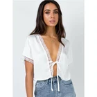 Женские пикантные кружевные шелковые укороченные топы Meihuida, милая мягкая рубашка в стиле пэчворк с коротким рукавом и V-образным вырезом спереди, свободные короткие топы