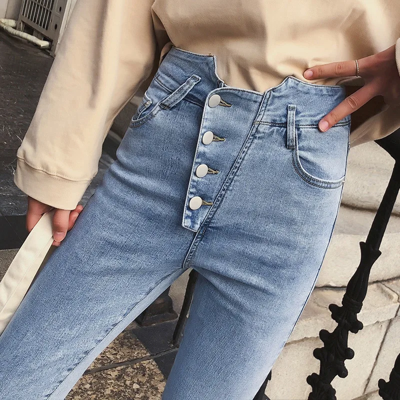 

2019 Autumn Winter Women Skinny Denim Pencil Pants Women Streetwear High Waist Slim Button Pockets Pants Stretch Jeans