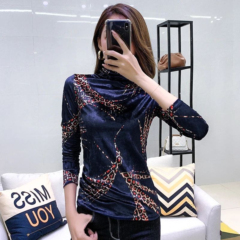 Женская бархатная Водолазка с длинным рукавом леопардовым принтом|Футболки| |