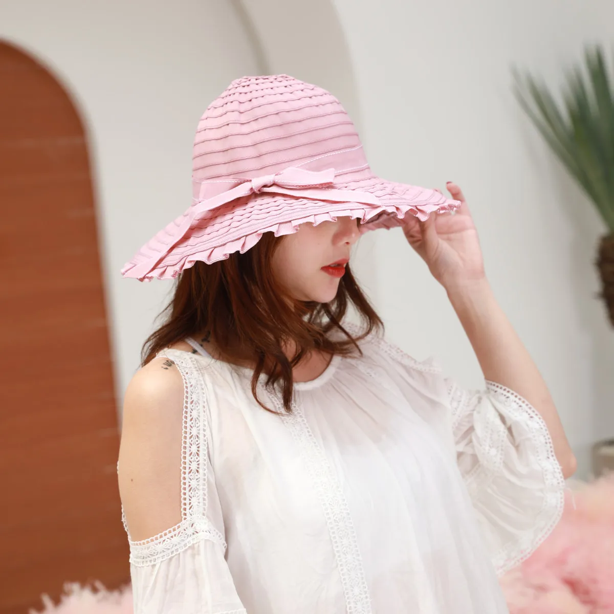 

Sun hat new style ladies bow-knot large-brimmed basin hat spring and summer outdoor sun hat cloth hat foldable