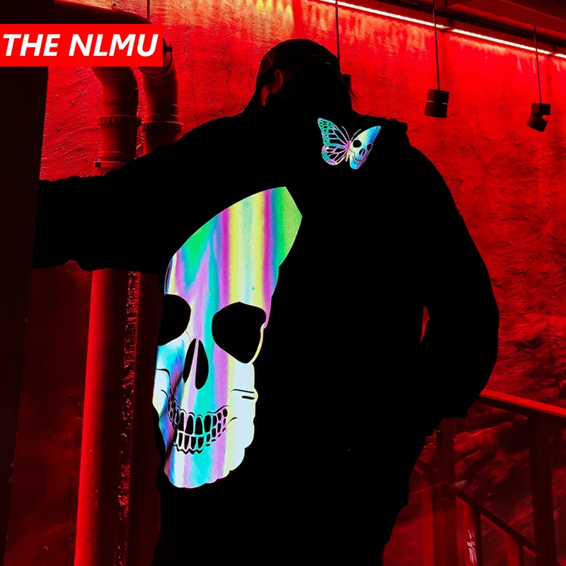 Харадзюку Бабочка череп светоотражающий принт Толстовка для мужчин хип хоп