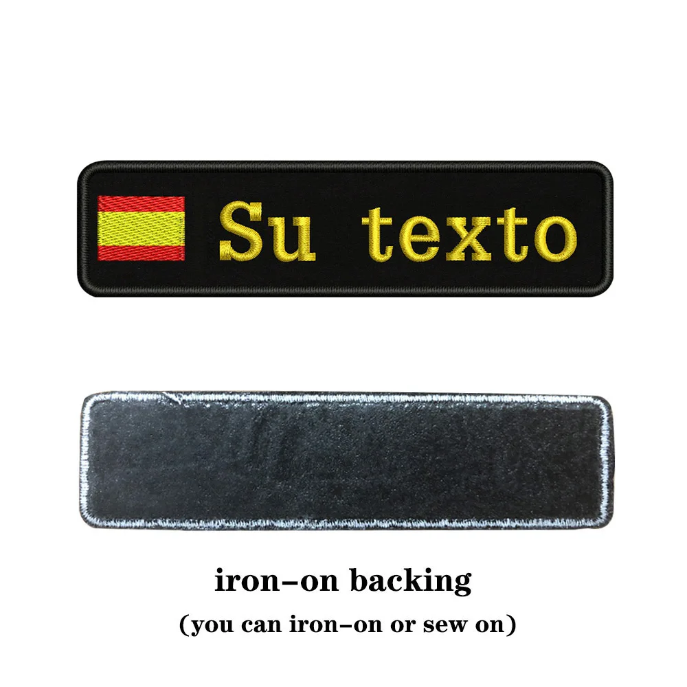 yellow-iron on На заказ Вышивка Флаг Испании имя или заплатка с текстом 10 см* 2,5 см значок Утюг на или липучке Подложка для одежды брюки рюкзак шляпа - Цвет: yellow-iron on