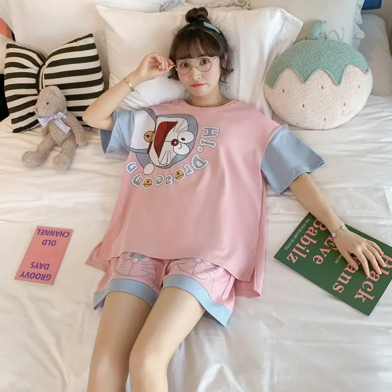 Pajamas Female Summer Thin Section Cotton Short-sleeved Students Cartoon Cute Sweet Can Wear Two-piece Home Wear Sets