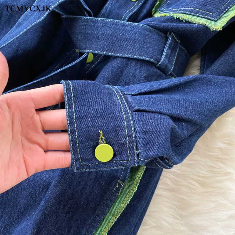 

2021 Spring Denim Jumpsuit Women Korean Loose High Waist Jumpsuits Jeans Romper Pocket Lapel Long Sleeve Denim Overalls Female