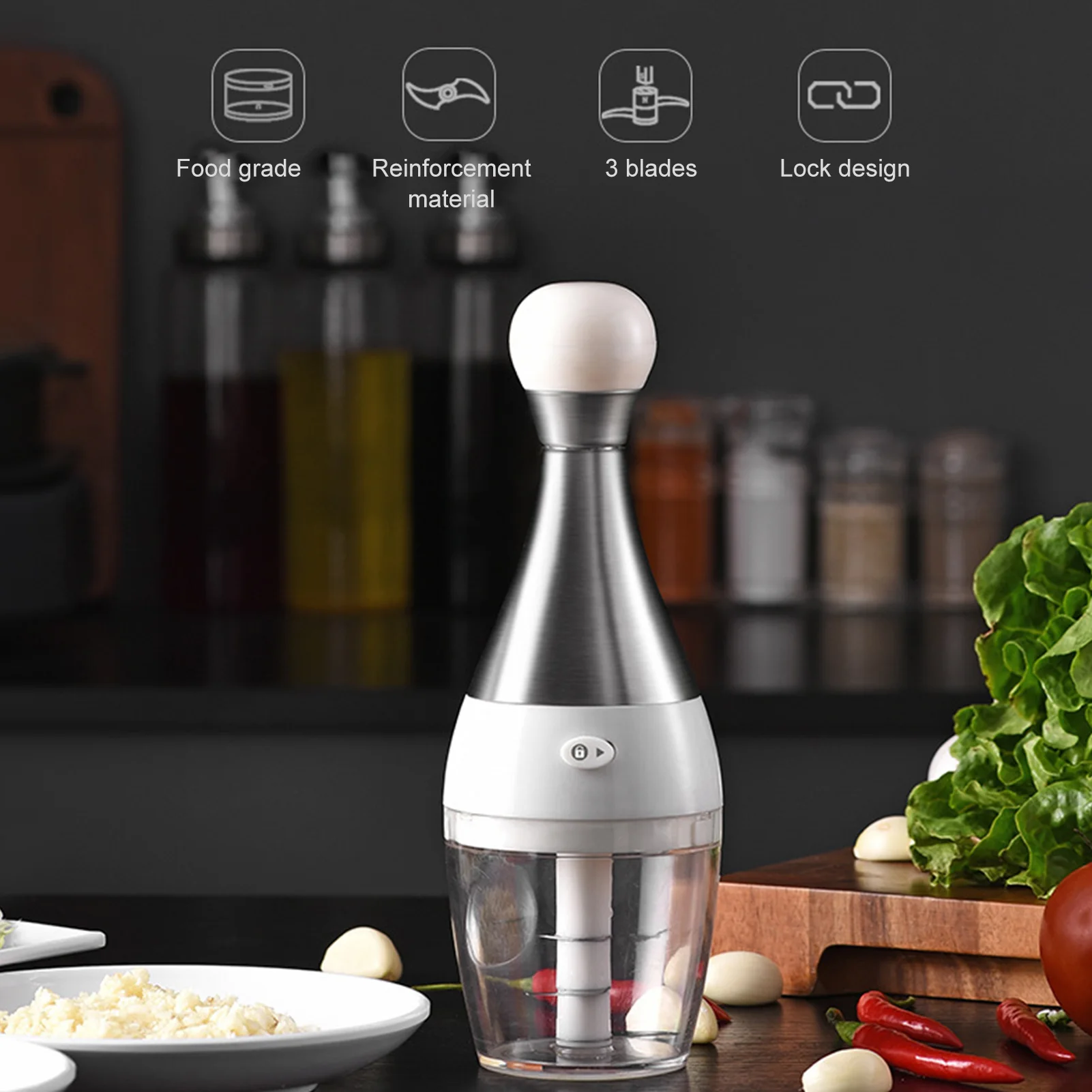 

2021Manual Food Chopper Manual Garlic Onion Chopper Portable Mini Chopper with Three Blades HandPress VegetableProcessor orOnion