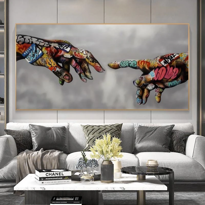 

Creation Of Adam Graffiti Art Canvas Posters And Prints Hand to Hand street Art Canvas Paintings on the Wall Art Pictures Cuadro