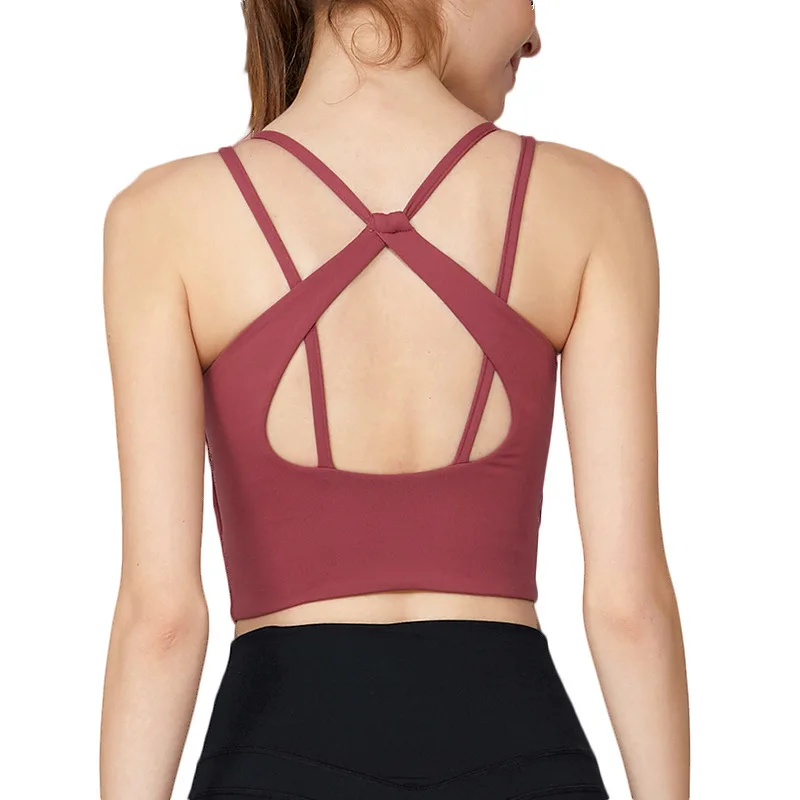 

Women 2020 new nude sports bra cross back shockproof gathered Yoga bra sports bra Yoga vest