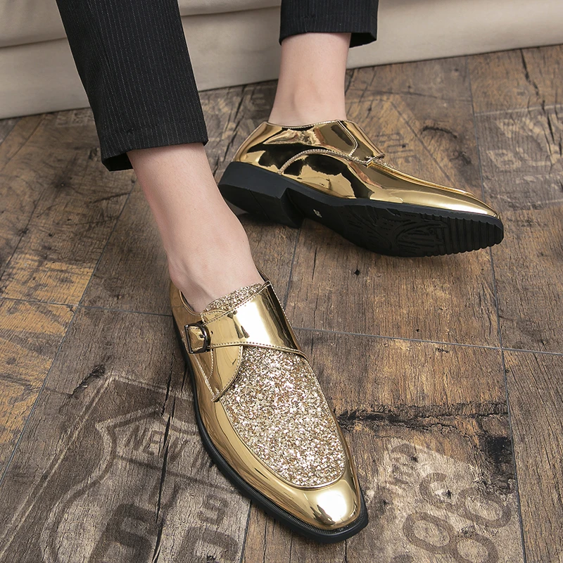 

2021 autumn and winter men's fashion pu all-match casual British sequins color matching buckle comfortable monk shoes KS122