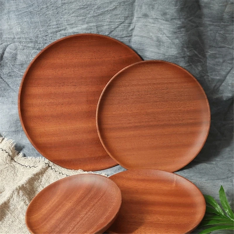 

Round Shape Plate Candy Fruit Saucer Tea Dessert Dinner Bread Storage Dishes Solid Wood Tray