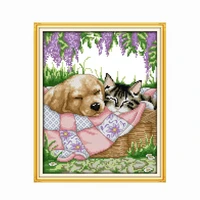 sleeping cat and dog printed cross stitch embroidery kit fabric canvas counted stamped 11ct 14ct needlework set craft dmc thread