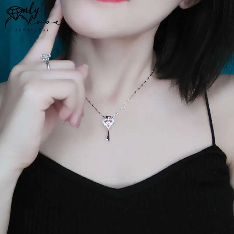

925 Silver Jewelry Heat Shape Pink Stone Pendant Necklance With Chain For Party