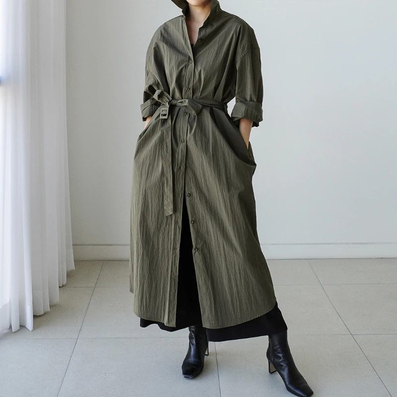 

Johnature Loose Solid Color Long Casual Shirt Women Coats 2023 Autumn New Turn-down Collar Loose Single-breasted Trench
