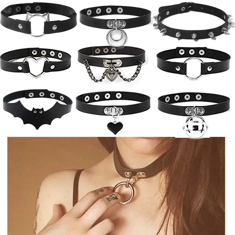 

Punk PU Leather Necklace Lock Key Heart Round Spike Rivet Collar Studded Choker Necklace Body Birthday Party Gift Choker Jewelry