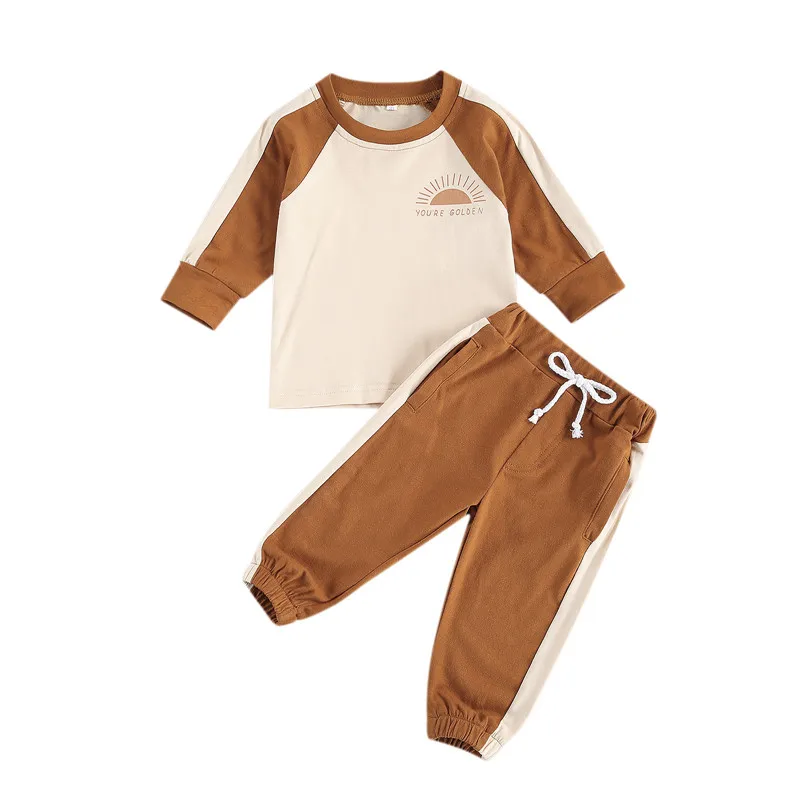 

0-3T Newborn Baby Patchwork Top, Lace-up Pants, Round Collar Long Sleeves Sun Printed Top Side Pocket Jogger Trousers