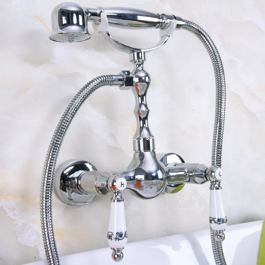 

Polished Chrome Brass Wall Mounted Bathtub Faucet with Handheld Shower Set +150CM Hose Mixer Tap 2na210