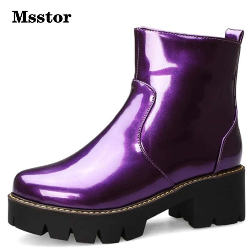 Фиолетовые ботинки на платформе Женская обувь молнии из лакированной кожи Цвет