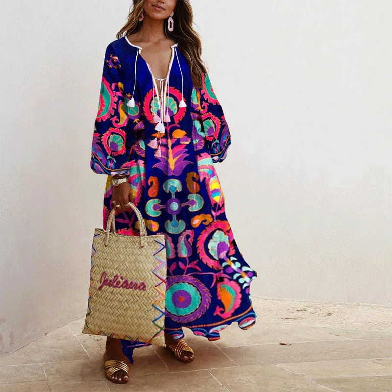 

2021 Spring And Autumn Women Vintage Print Loose Elegant Long Dress Casual Plus Size Long Sleeve Dress Lady Party Dress Vestido