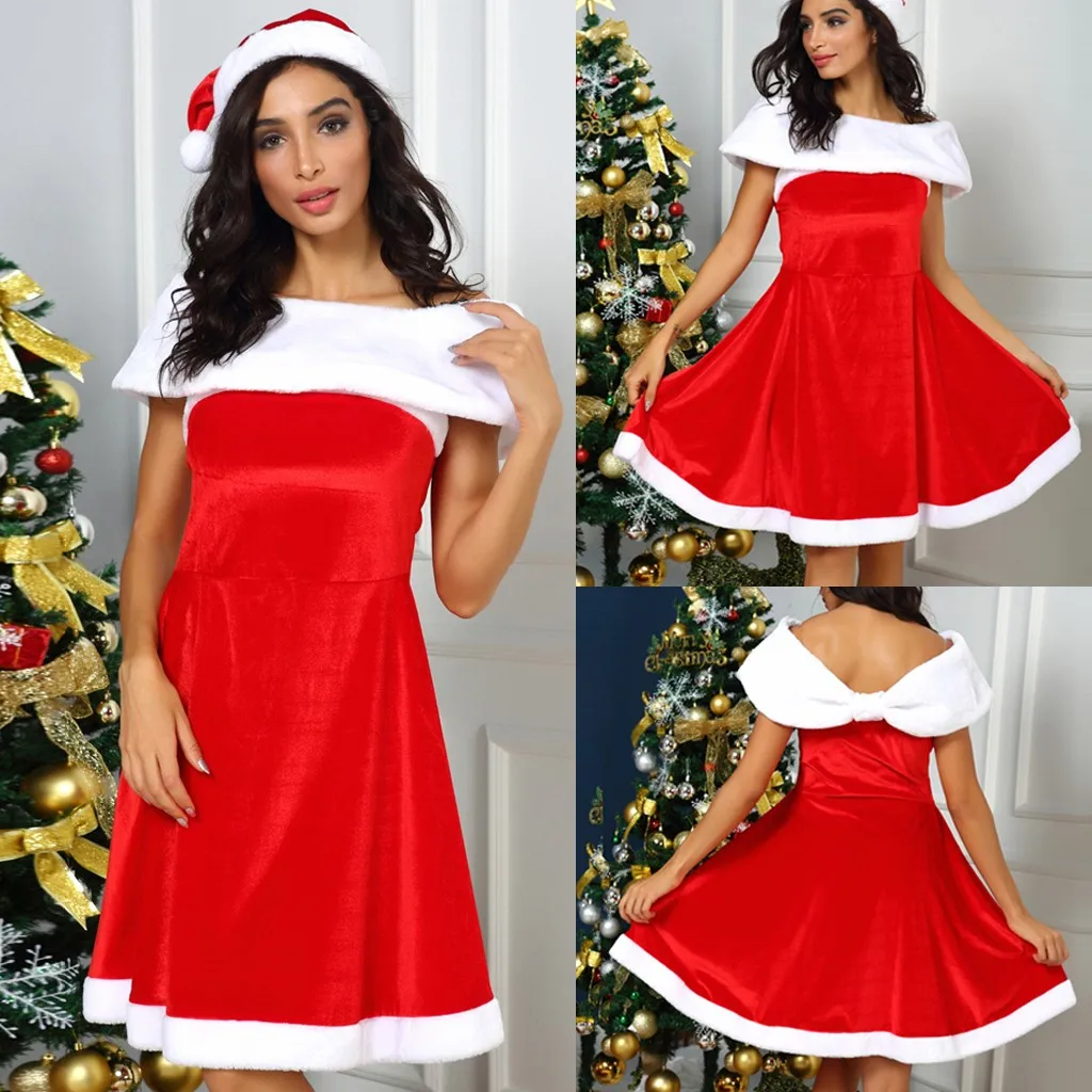 

Fashion Women Christmas Hat Festival Off-Shoulder Dress Ball Gown Dress set Cosplay party cute kawaii girls wear 8745