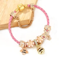 pink series leather rope diy golden crystal cute bee and butterfly pendant charms ladies children bracelet gift direct shipment