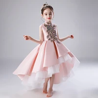 kids princess dress high low beaded satin bow belt flower girl dress childen birthday party ball gown pink white toddler clothes