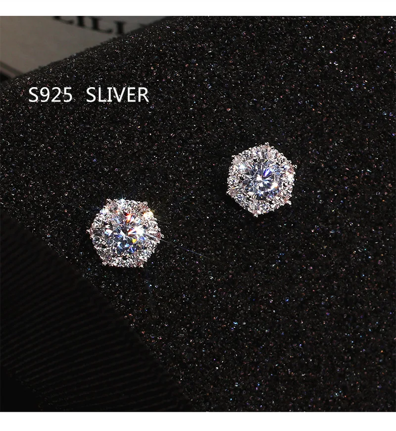 

S925 Sterling Silver Color Simple Round Bling CZ Zircon Stone Stud Earrings Fashion Jewelry Korean Earrings for Women Girl