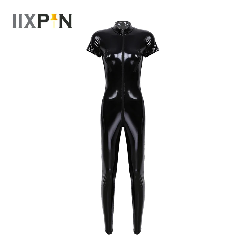 

Sexy Womens Jumpsuit Glossy Wetlook Patent Leather Romper Women Zippered Bust And Crotch Leotard Bodysuit Catsuit Sexy Clubwear