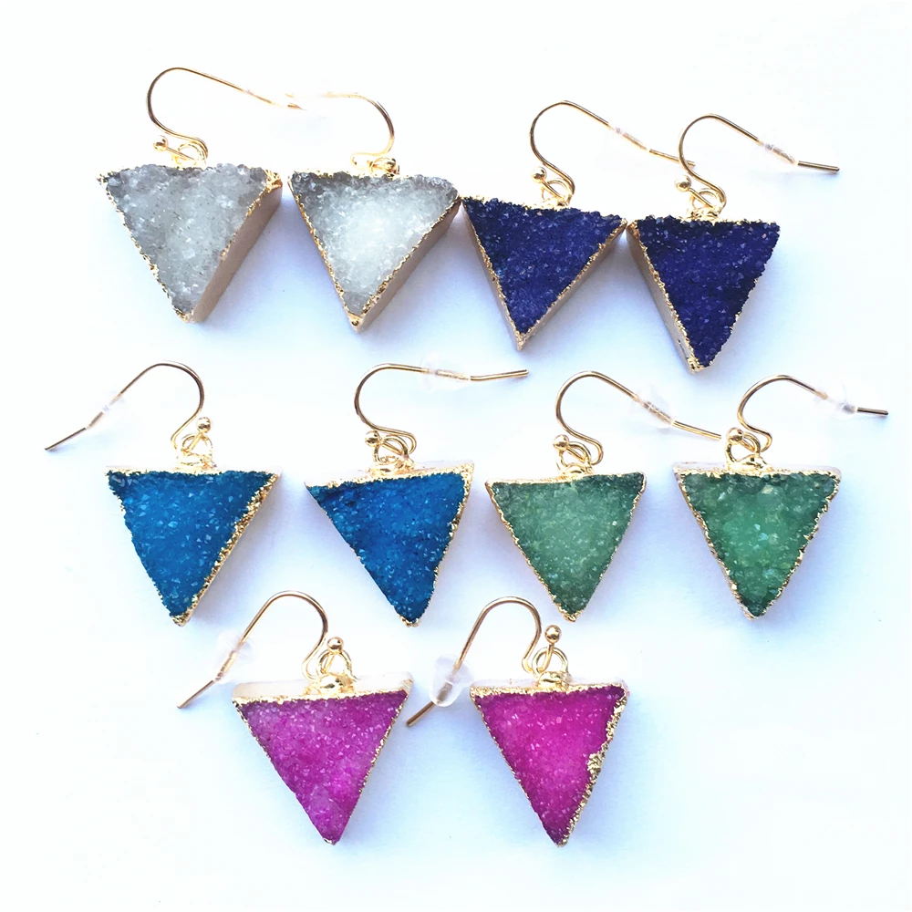 

Fashion Natural Stone Agates Druzy Drusy Triangle Gold Green Earrings for Women Crystal African Earring Wholesale 4Pairs