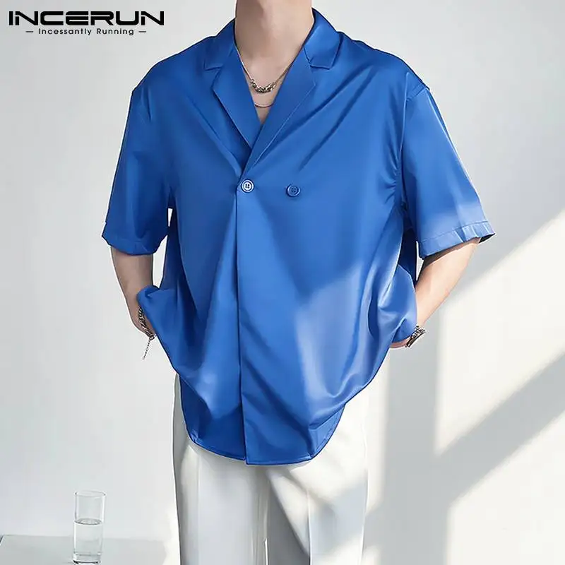 

Men Casual Shirt Solid Color 2021 Lapel Short Sleeve Korean Style Loose Double Breasted Fashion Tops Streetwear Camisa INCERUN 7