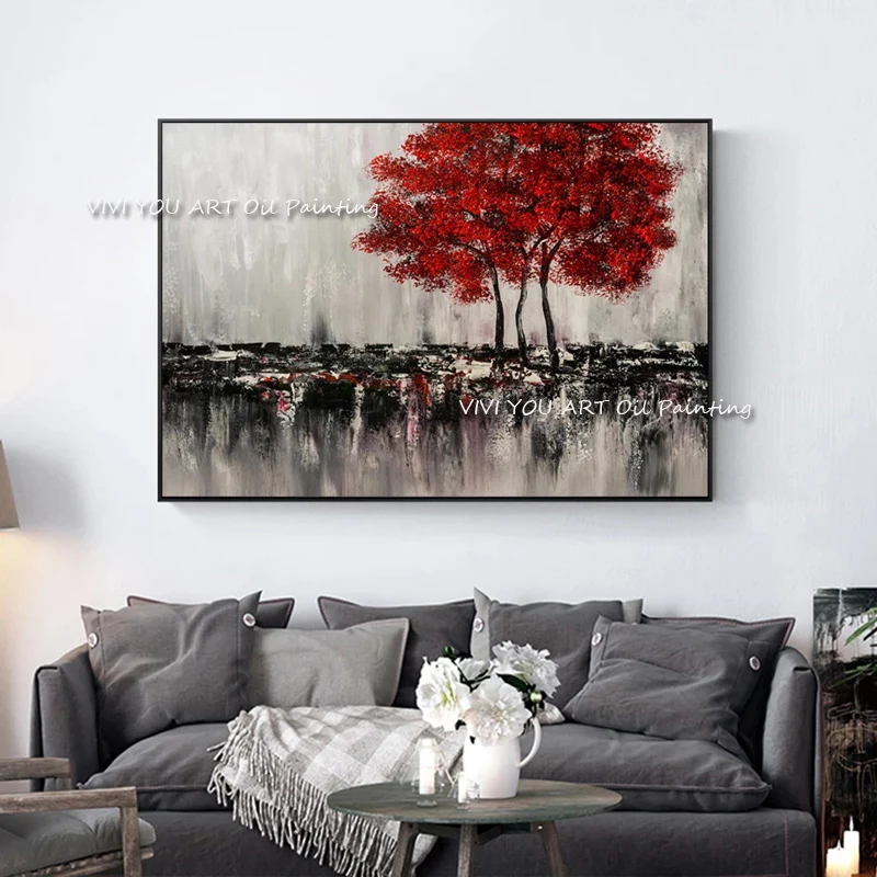 

100% Handmade Red Tree Sad View Large Original Abstract Modern Oil Painting On Canvas Handpainted Textured Wall Art For Office