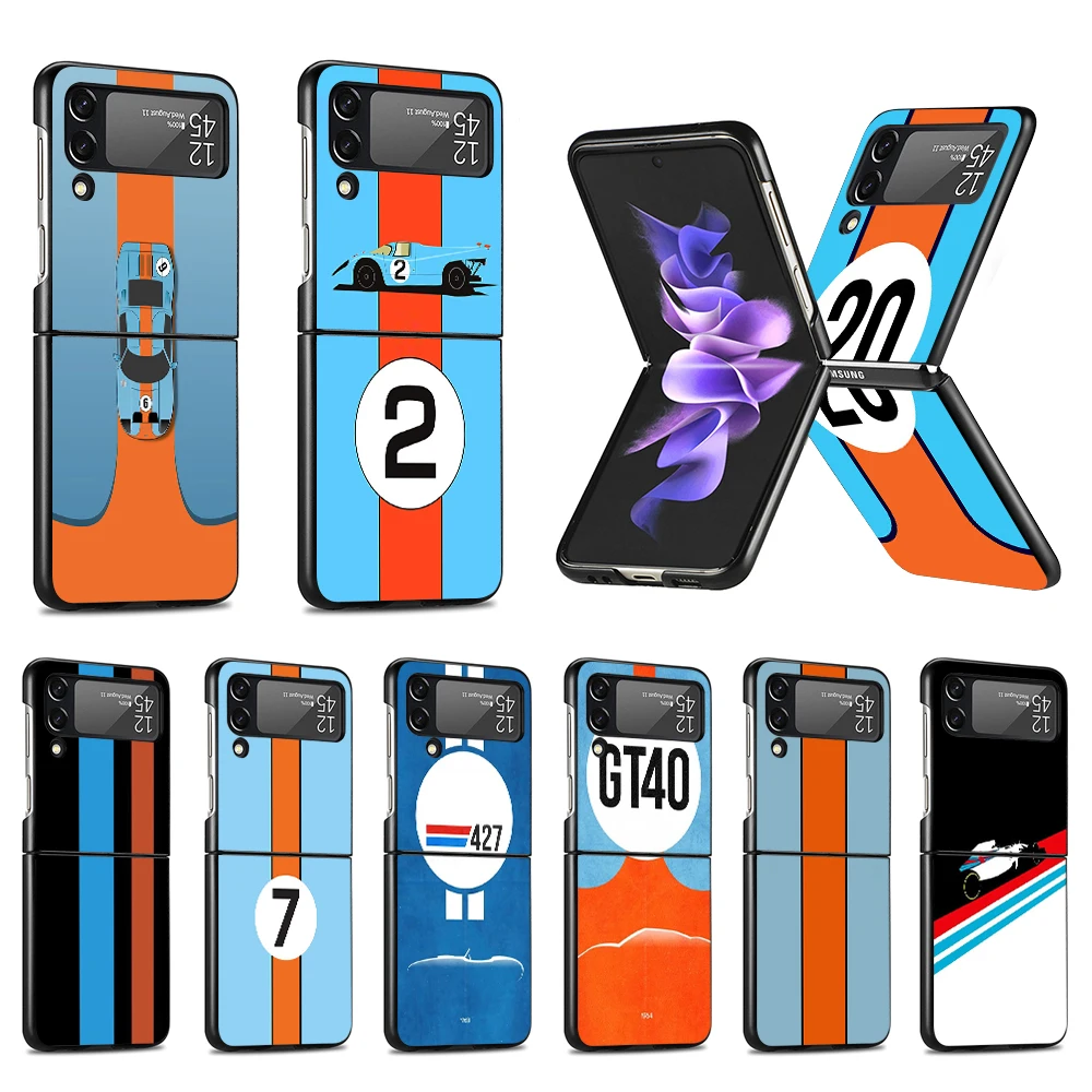 Luxury Phone Case for Samsung Galaxy Z Flip4 Flip3 5G Cases Black Hard Cover Z Flip 4 3 PC Shell Zflip3 Car Blue Orange Stripe