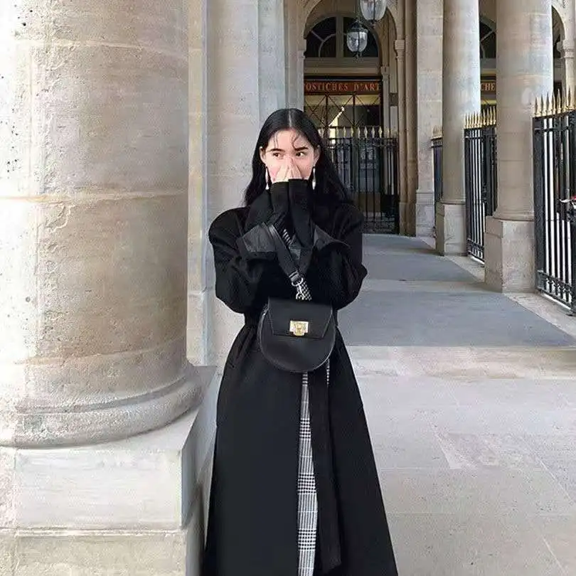 

Wool Coat Women's Autumn and Winter 2020 New Black Stitching Plaid Hepburn Style Long Waist High-end Coat Coat Dress Woman