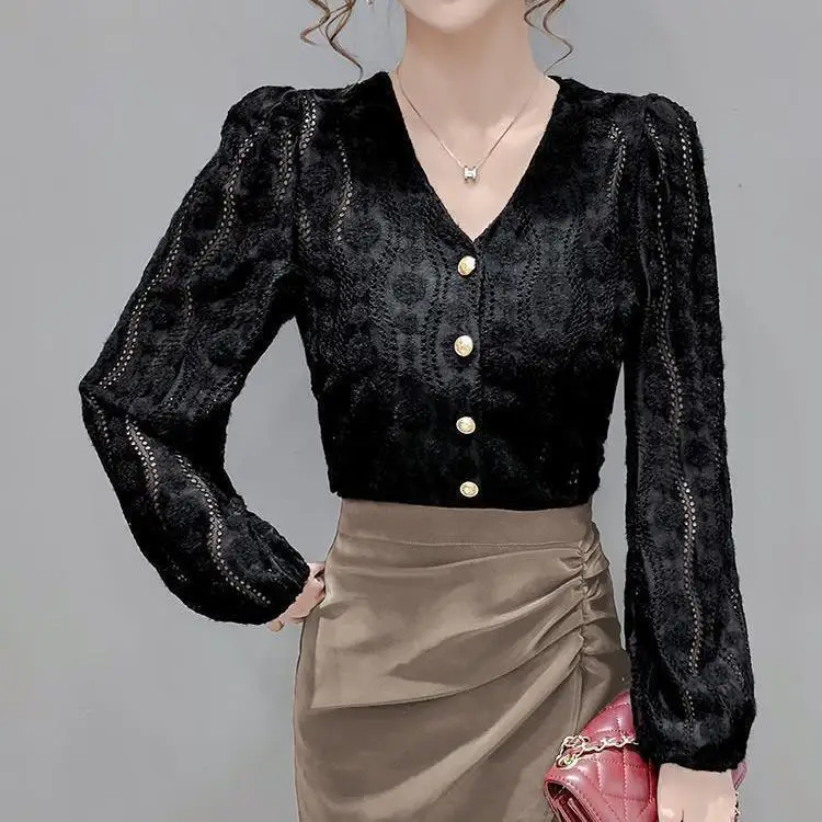 

women New 2021 Spring Autumn Chic V-Neck Hollow Out Shirt Tops Female Long Sleeve Casual Solid Tops Elegant Ladies Blouses A727