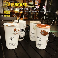 creative cartoon cat ceramic coffee tea cup heat resistant embossed cute animal milk mug 450ml with lid handle spoon office gift